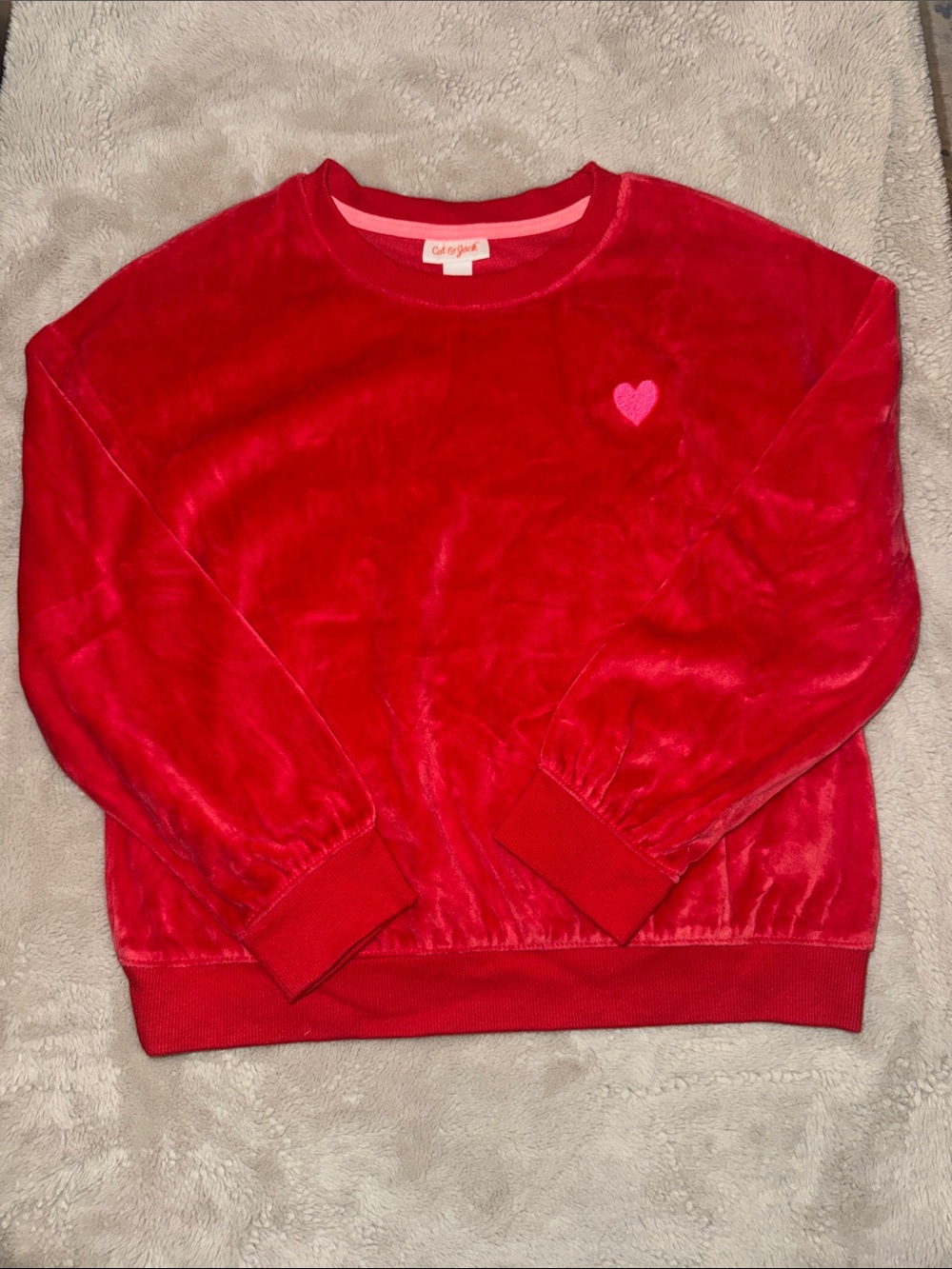 Cat & Jack Red Velvet Crewneck Sweater with Pink Heart Patch